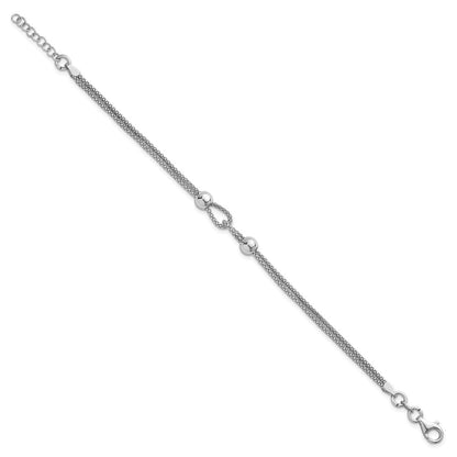 Sterling Silver Rhodium-plated Polished Beads Double Strand Mesh 7 inch with 0.75 inch Extender Bracelet