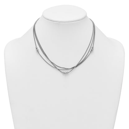 Sterling Silver Rhodium-plated Beaded Triple Strand Mesh 17 inch with 1 inch Extension Necklace