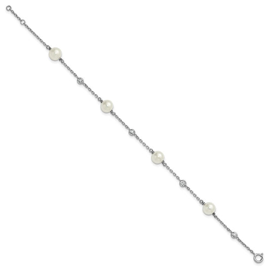Sterling Silver Rhodium-plated Polished CZ and Shell Pearl 8-Station 7 inch with 0.5 inch Extender Bracelet