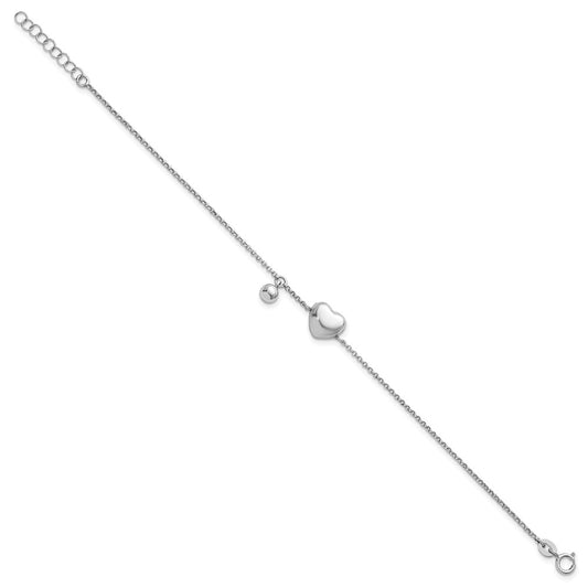 Sterling Silver Rhodium-plated Polished Puffed Heart and Ball 7 inch with 1 inch Extender Bracelet