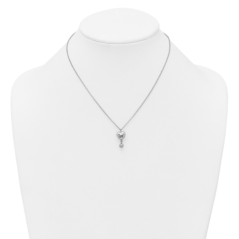 Sterling Silver Rhodium-plated Polished Puffed Heart and Ball Dangle 16 inch with 1 inch Extender Necklace