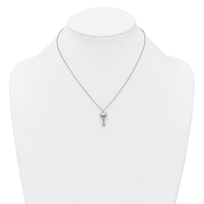 Sterling Silver Rhodium-plated Polished Puffed Heart and Ball Dangle 16 inch with 1 inch Extender Necklace