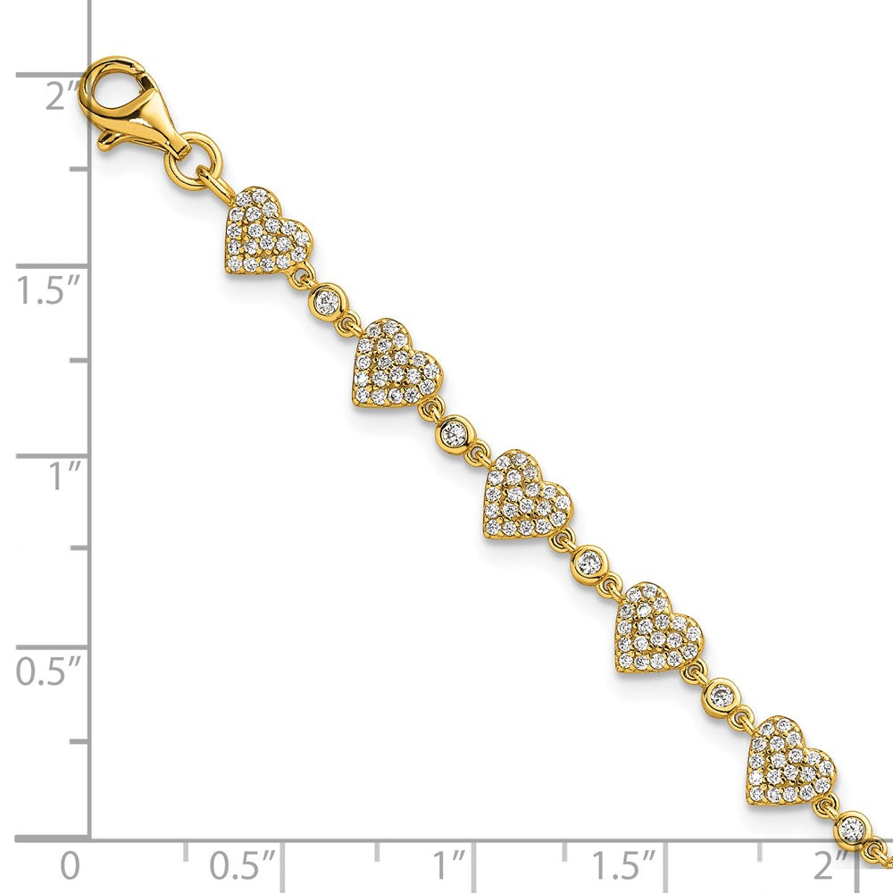 Sterling Silver Gold-tone Polished Pave CZ Hearts 7 Inch with 1 Inch Extension Bracelet