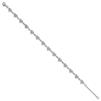 Sterling Silver Rhodium-plated Polished Pave CZ Hearts 7 Inch with 1 Inch Extension Bracelet