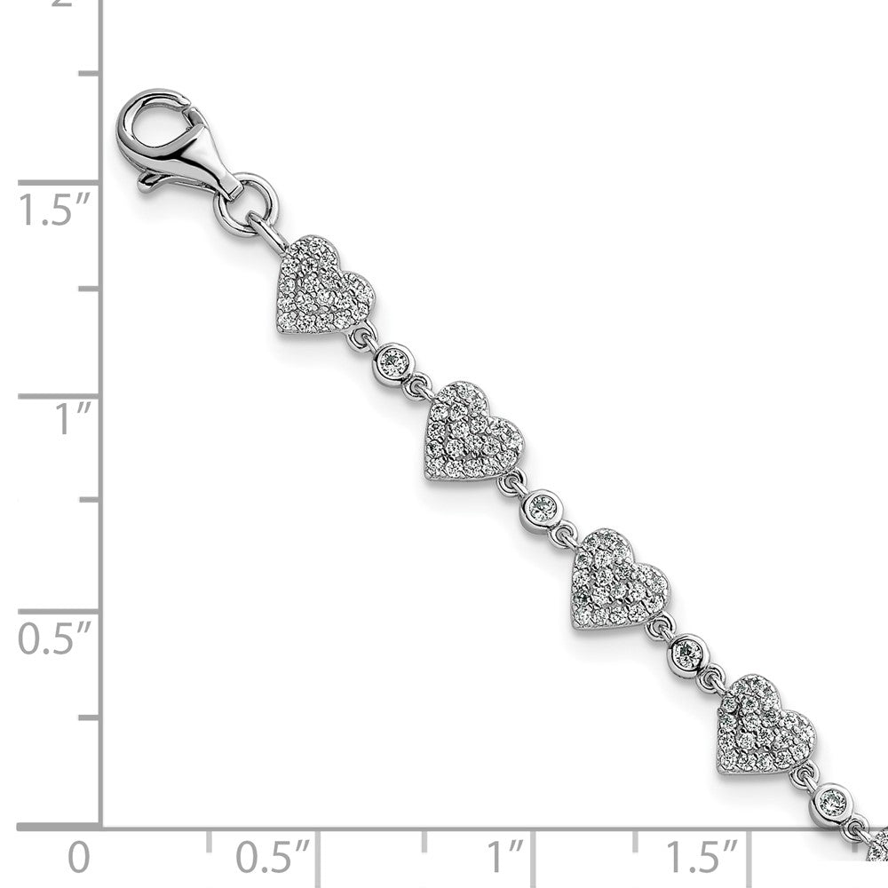 Sterling Silver Rhodium-plated Polished Pave CZ Hearts 7 Inch with 1 Inch Extension Bracelet