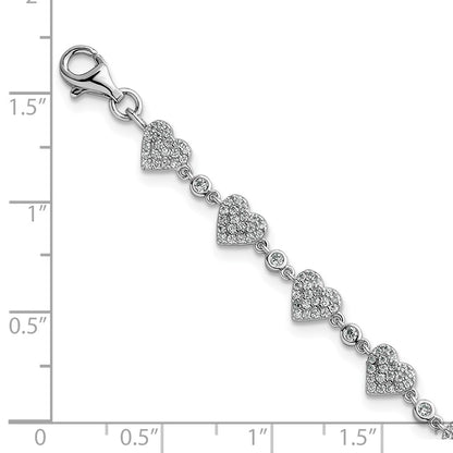 Sterling Silver Rhodium-plated Polished Pave CZ Hearts 7 Inch with 1 Inch Extension Bracelet