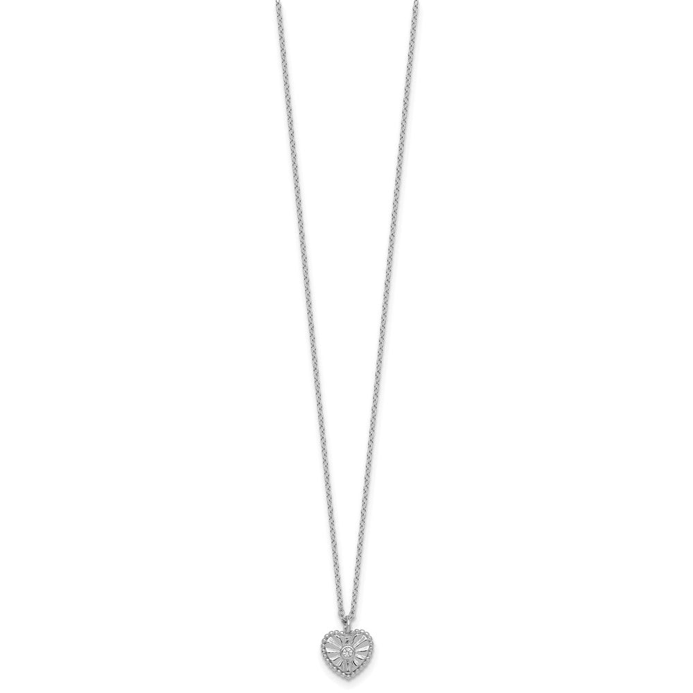 Sterling Silver Rhodium-plated Polished Beaded and Textured CZ Heart 16 Inch with 2 Inch Extension Necklace
