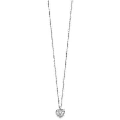 Sterling Silver Rhodium-plated Polished Beaded and Textured CZ Heart 16 Inch with 2 Inch Extension Necklace