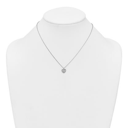 Sterling Silver Rhodium-plated Polished Beaded and Textured CZ Heart 16 Inch with 2 Inch Extension Necklace