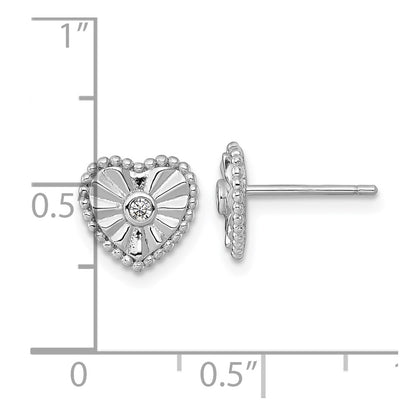 Sterling Silver Rhodium-plated Polished Beaded and Textured CZ Heart Post Earrings