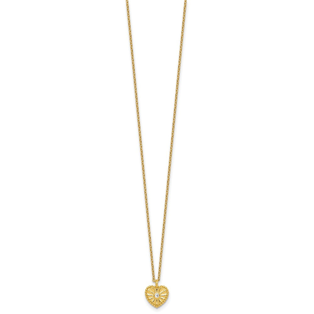 Sterling Silver Gold-tone Polished Beaded and Textured CZ Heart 16 Inch with 2 Inch Extension Necklace