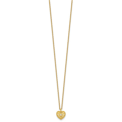 Sterling Silver Gold-tone Polished Beaded and Textured CZ Heart 16 Inch with 2 Inch Extension Necklace