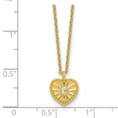 Sterling Silver Gold-tone Polished Beaded and Textured CZ Heart 16 Inch with 2 Inch Extension Necklace