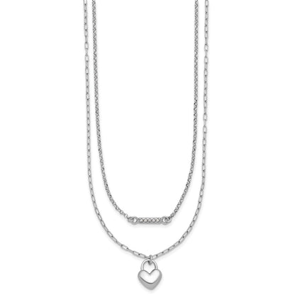 Sterling Silver Rhodium-plated CZ Puffed Heart 16 inch with 2 inch extender 2-strand Necklace