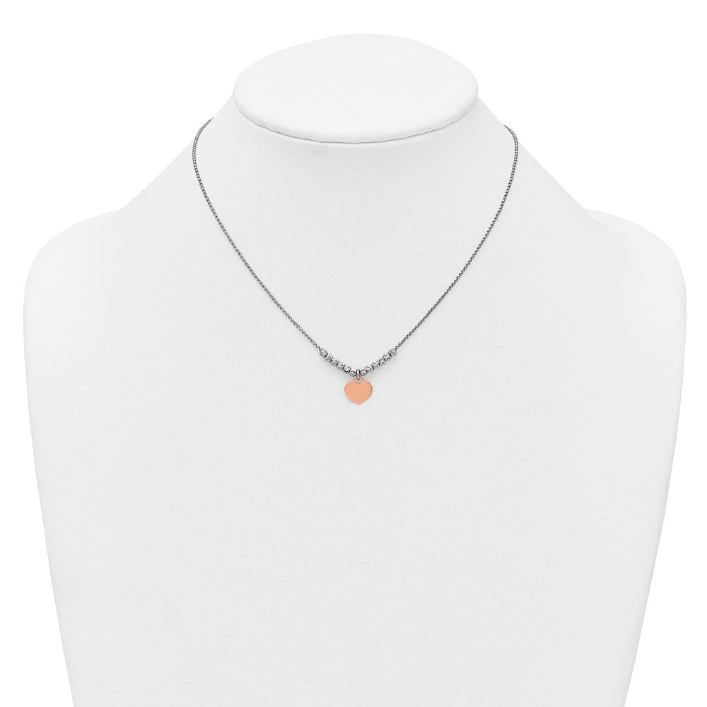 Sterling Silver Rhodium-plated Rose Gold-plated Heart Disc and Textured Beads 16 inch with 1 inch extension Necklace