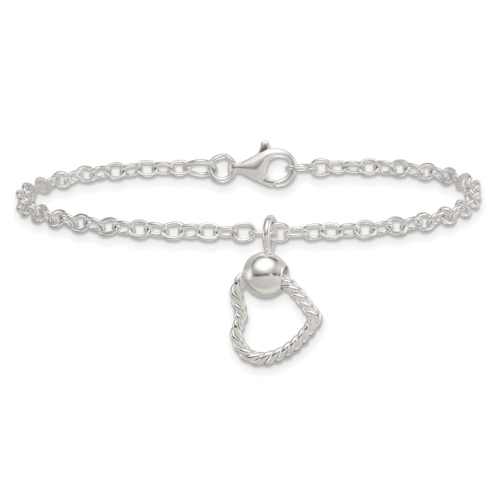 Sterling Silver Polished and Twisted Heart Dangle 7.5 Inch Cable Chain Bracelet