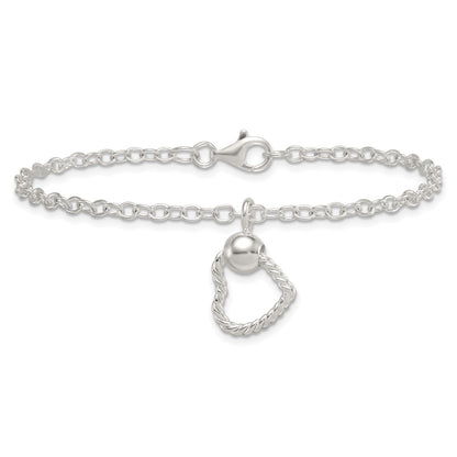 Sterling Silver Polished and Twisted Heart Dangle 7.5 Inch Cable Chain Bracelet