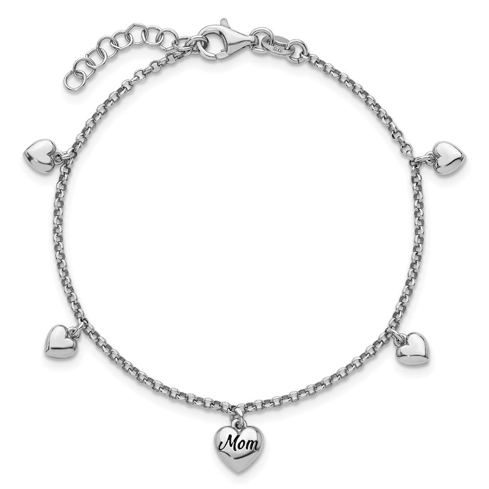 Sterling Silver Rhodium-plated Black Enameled MOM Puffed Heart with Heart Charms 6.5 inch with 0.75 inch extension Bracelet