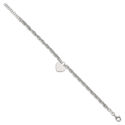 Sterling Silver Polished Fancy Engravable Heart Disc on Rope Chain 7 Inch with 1 Inch Extension Bracelet