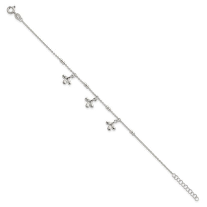 Sterling Silver Polished and Beaded with Three Leaf Dangles 7 inch with 1 inch Extension Bracelet