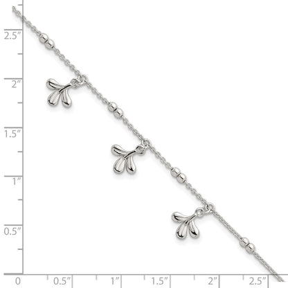 Sterling Silver Polished and Beaded with Three Leaf Dangles 7 inch with 1 inch Extension Bracelet