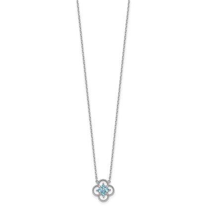 Sterling Silver Rhodium-plated Blue CZ Textured Clover Shape 16 inch with 1.5 inch Extension Necklace