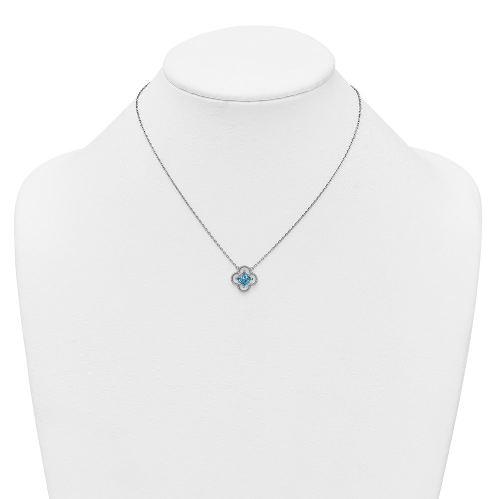 Sterling Silver Rhodium-plated Blue CZ Textured Clover Shape 16 inch with 1.5 inch Extension Necklace