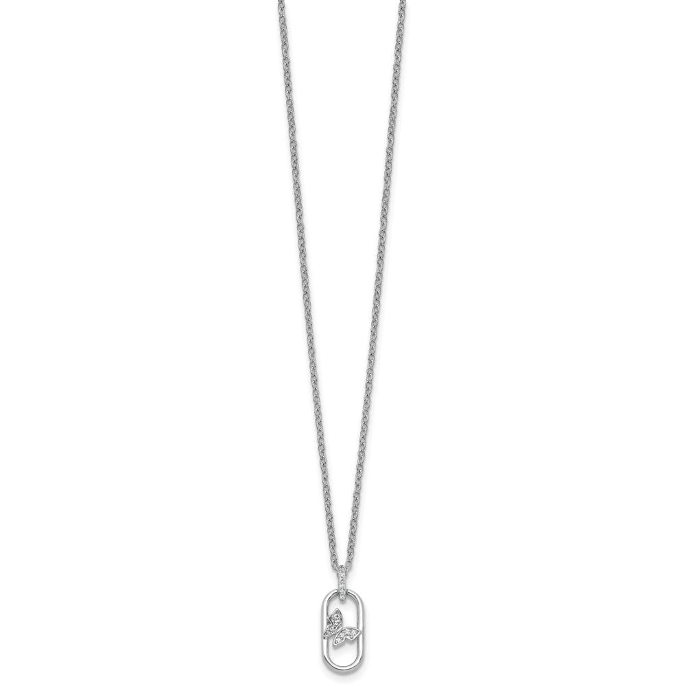 Sterling Silver Rhodium-plated CZ Oval with Butterfly 16 inch with 1.5 inch Extension Necklace