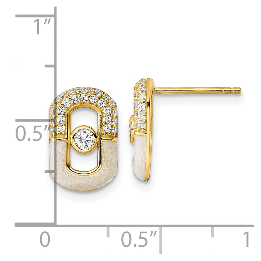 Sterling Silver Gold-tone CZ and Champagne Enamel Rectangle Post Earrings