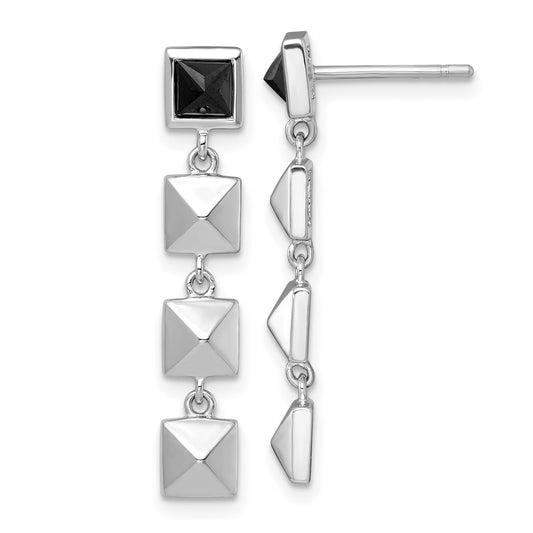 Sterling Silver Rhodium-plated Polished Black CZ and Pyramid Squares Dangle Post Earrings