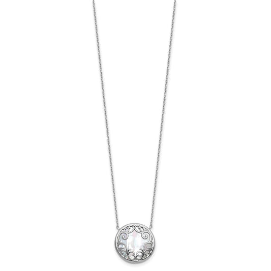 Sterling Silver Rhodium-plated Polished Filigree Mother of Pearl Filigree Circle 16 Inch with 2 Inch Extension Necklace