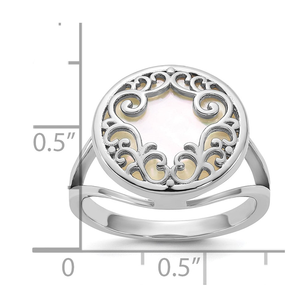 Sterling Silver Rhodium-plated Polished Filigree Mother of Pearl Filigree Circle Size 8 Ring