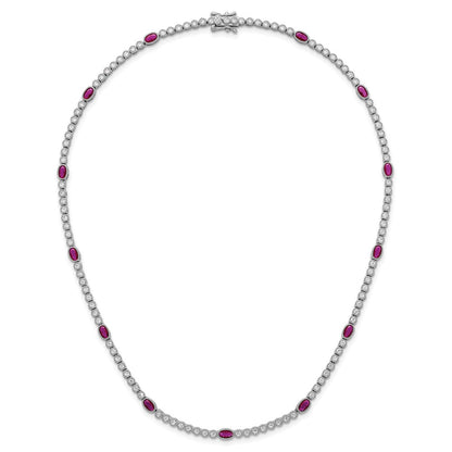 Sterling Silver Rhodium-plated Polished and Beaded Fancy Oval Red and Round White CZ 17 Inch Necklace