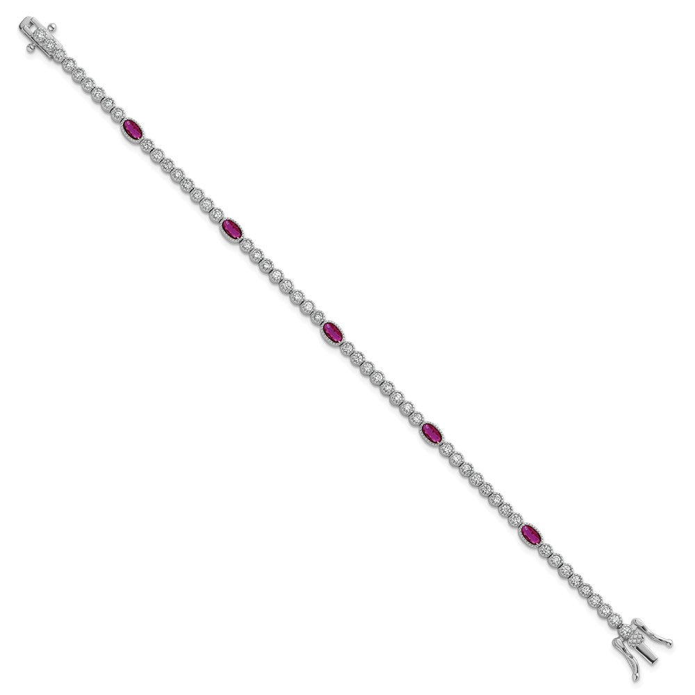 Sterling Silver Rhodium-plated Polished and Beaded Fancy Oval Red and Round White CZ 7 Inch Bracelet