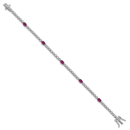Sterling Silver Rhodium-plated Polished and Beaded Fancy Oval Red and Round White CZ 7 Inch Bracelet