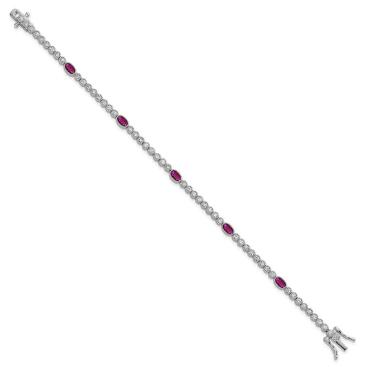 Sterling Silver Rhodium-plated Polished and Beaded Fancy Oval Red and Round White CZ 7 Inch Bracelet