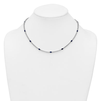 Sterling Silver Rhodium-plated Polished and Beaded Fancy Oval Blue and Round White CZ 17 Inch Necklace