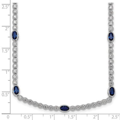 Sterling Silver Rhodium-plated Polished and Beaded Fancy Oval Blue and Round White CZ 17 Inch Necklace