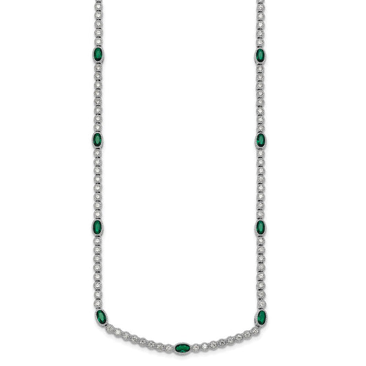 Sterling Silver Rhodium-plated Polished and Beaded Fancy Oval Green and Round White CZ 17 Inch Necklace
