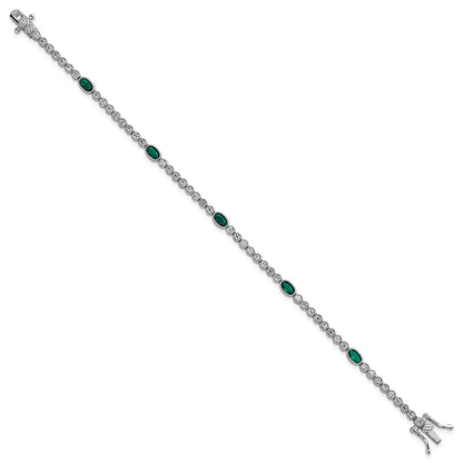 Sterling Silver Rhodium-plated Polished and Beaded Fancy Oval Green and Round White CZ 7 Inch Bracelet