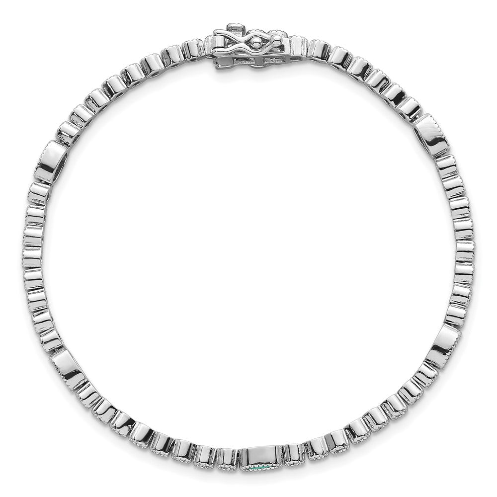 Sterling Silver Rhodium-plated Polished and Beaded Fancy Oval Green and Round White CZ 7 Inch Bracelet