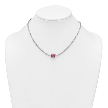 Sterling Silver Rhodium-plated Polished Fancy Emerald-cut Red and White CZ Halo 16 Inch with 2 Inch Extension Necklace