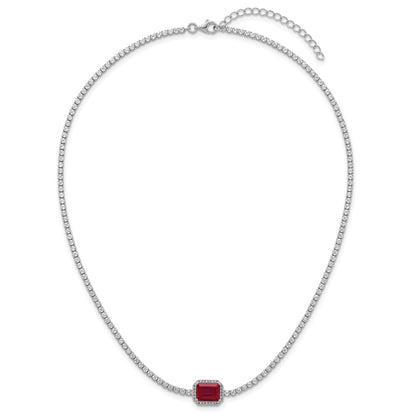 Sterling Silver Rhodium-plated Polished Fancy Emerald-cut Red and White CZ Halo 16 Inch with 2 Inch Extension Necklace
