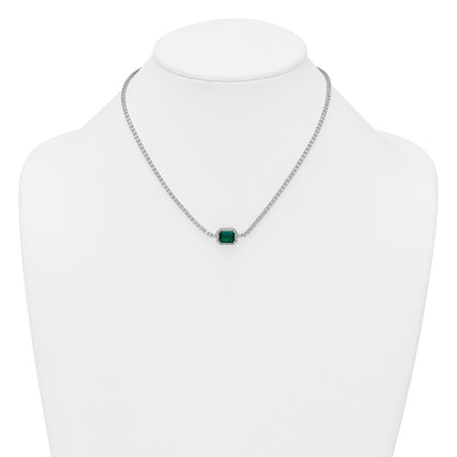 Sterling Silver Rhodium-plated Polished Fancy Emerald-cut Green and White CZ Halo 16 Inch with 2 Inch Extension Necklace