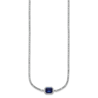 Sterling Silver Rhodium-plated Polished Fancy Emerald-cut Blue and White CZ Halo 16 Inch with 2 Inch Extension Necklace
