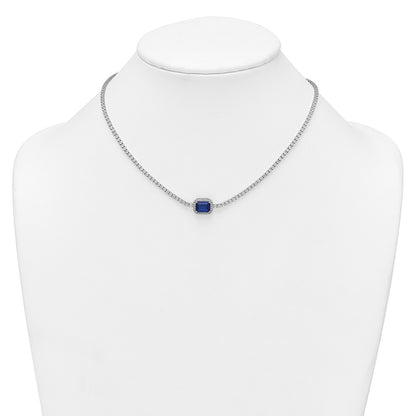 Sterling Silver Rhodium-plated Polished Fancy Emerald-cut Blue and White CZ Halo 16 Inch with 2 Inch Extension Necklace