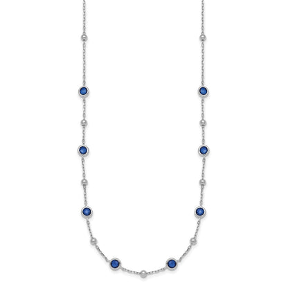 Sterling Silver Rhodium-plated Polished and Beaded Bezel-set Round Blue CZ 16 Inch with 2 Inch Extension Necklace
