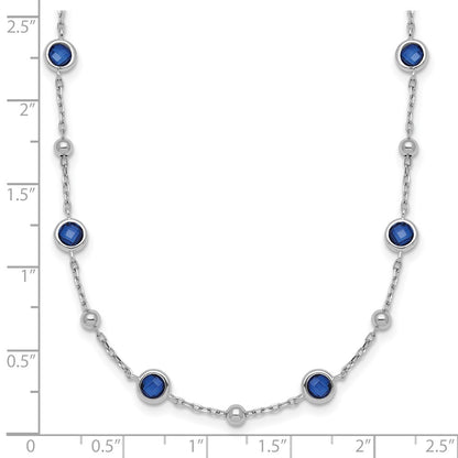 Sterling Silver Rhodium-plated Polished and Beaded Bezel-set Round Blue CZ 16 Inch with 2 Inch Extension Necklace