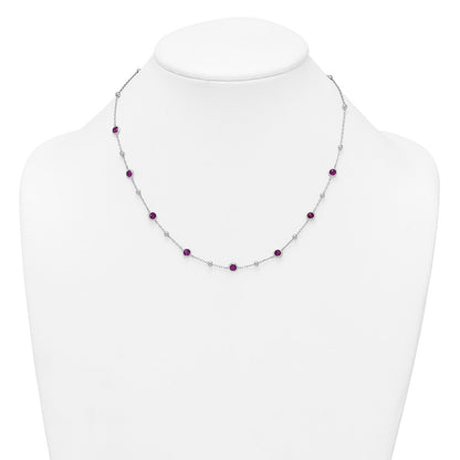 Sterling Silver Rhodium-plated Polished and Beaded Bezel-set Round Red CZ 16 Inch with 2 Inch Extension Necklace