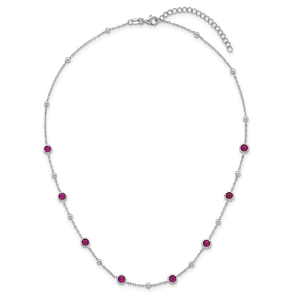 Sterling Silver Rhodium-plated Polished and Beaded Bezel-set Round Red CZ 16 Inch with 2 Inch Extension Necklace